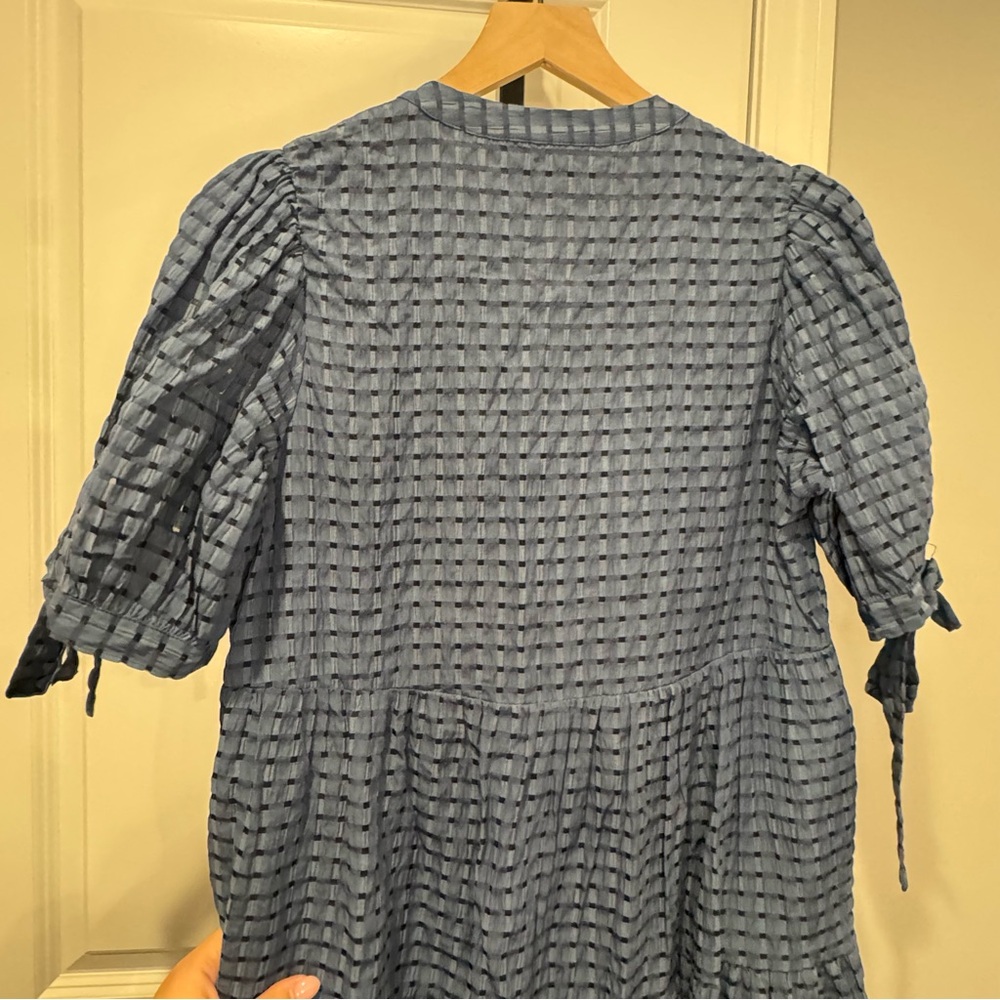 English Factory Blue Textured Midi Dress Puff Sleeve Tie Detail Size M - Picture 5 of 10